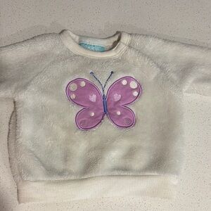 Pekkle Cream Plush Sweatshirt with Purple Butterfly and a guess one piece outfit